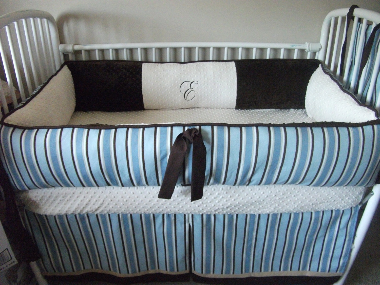 Custom Baby Boy Blue Brown Stripe Bedding Bumper Pad Crib Set