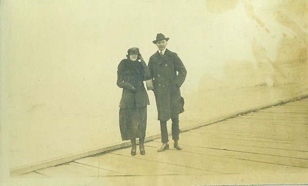 Antique Photo Winter Beach Boardwalk Husband Wife Happy Couple in Coats and Hats Cold Windy Day East Coast