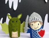 Knight and Dragon - Two Handmade Felt Finger Puppets