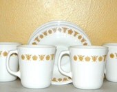 Vintage Butterfly Gold Corelle Coffee Cups and Saucers, Set of 4, Pyrex Design