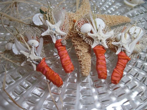 Grooms Boutonniere - Tangerine Starfish Seashell and Sea Fan Natural and Handmade