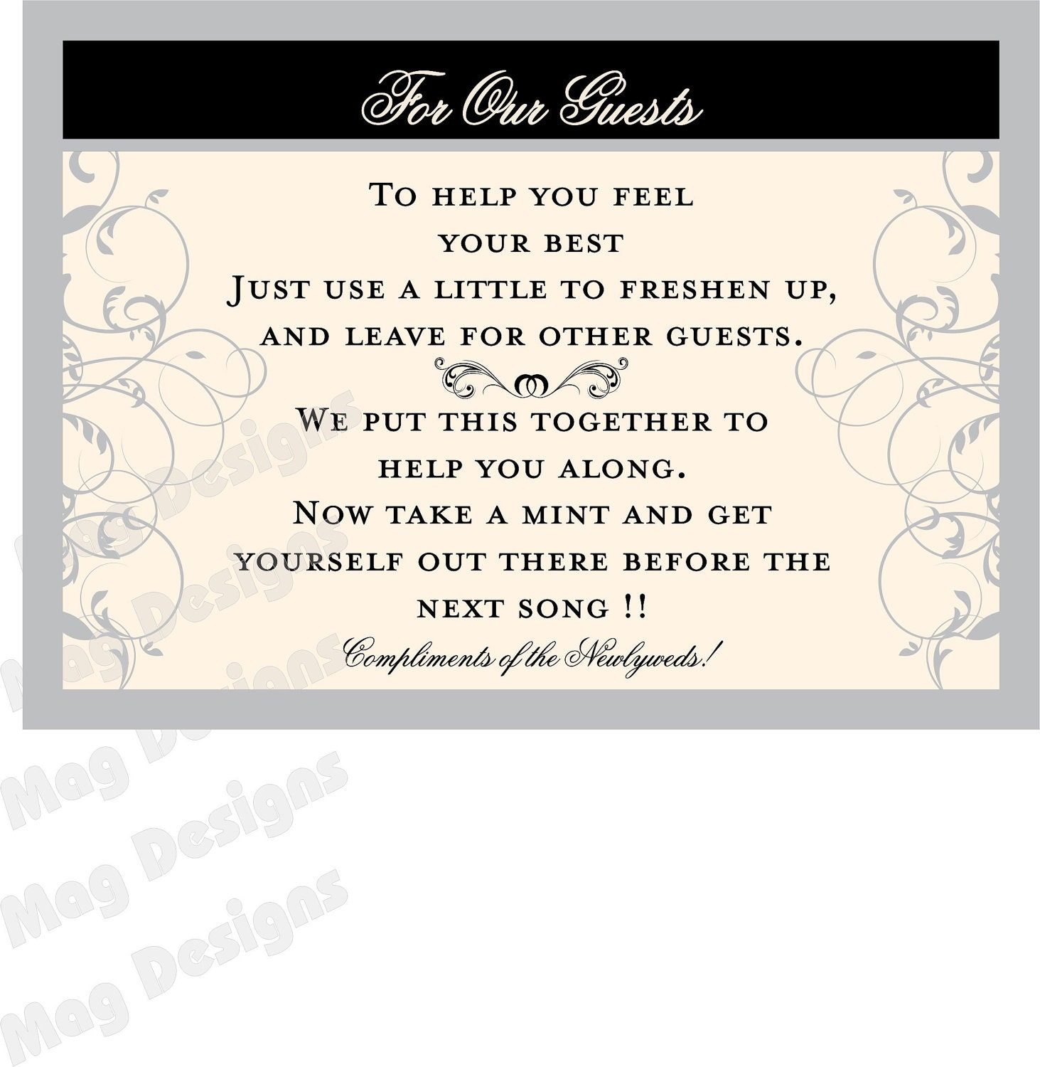 Wedding Reception Bathroom Guest Basket Tented Sign