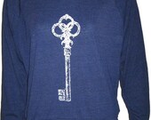 Ladies Raglan Indigo Blue Pullover Top Sweatshirt American Apparel Antique KEY Art Print  L