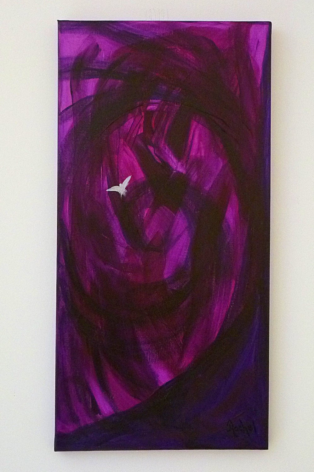 Original Modern Abstract Bird Painting 12x24, Free Shipping
