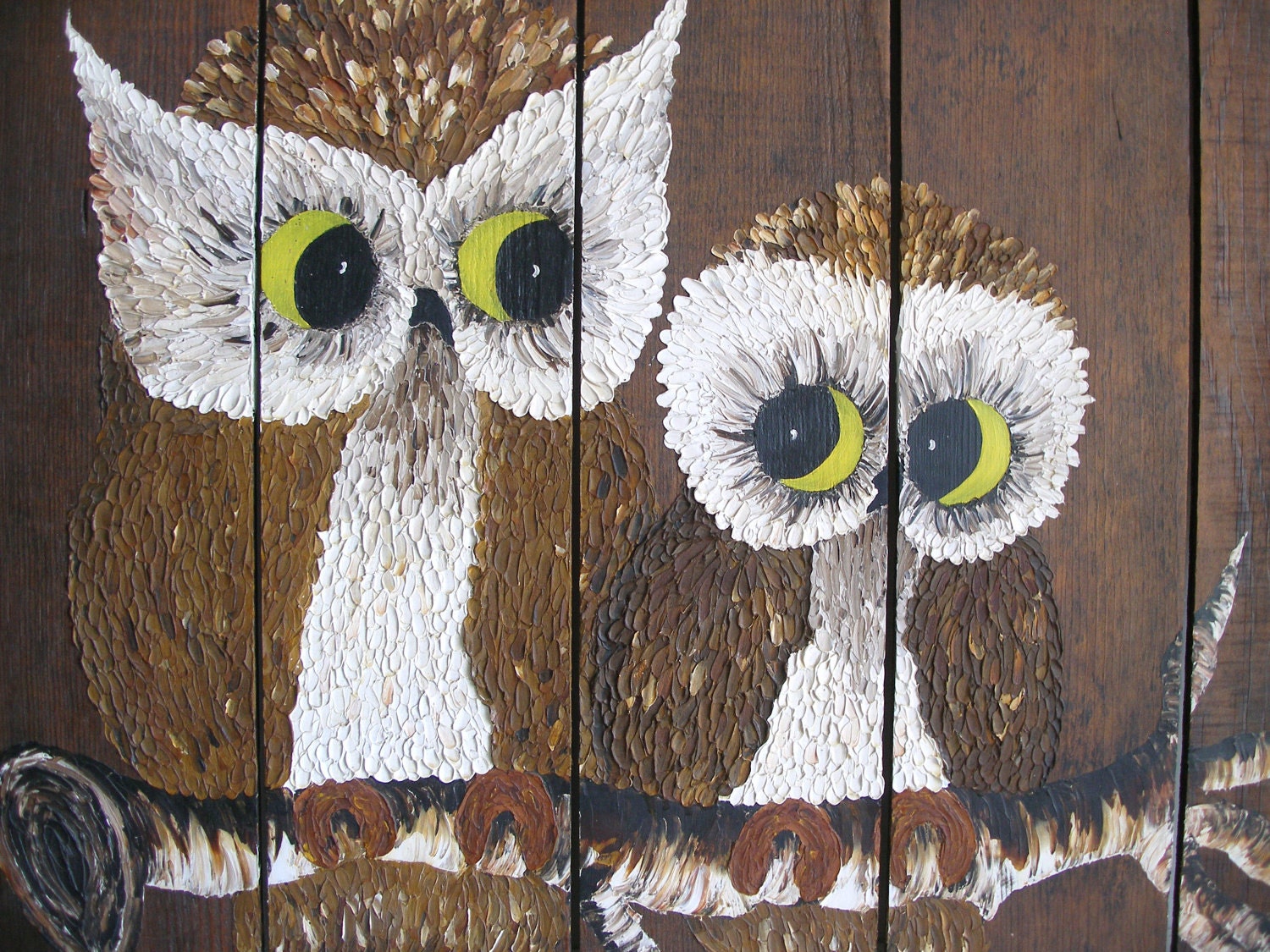 Big Owl Painting on Wood - Mama Owl & Baby -  Vintage Original Oil Painting - VintageZen