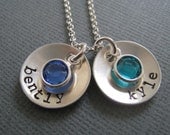 Hand Stamped Mommy Jewelry - Personalized Sterling Silver Necklace -  Cupped Duo with Birthstones