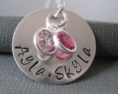 Hand Stamped Mommy Jewelry - Sterling Silver Personalized Necklace - Two Names with Swarovski Crystal Birthstones