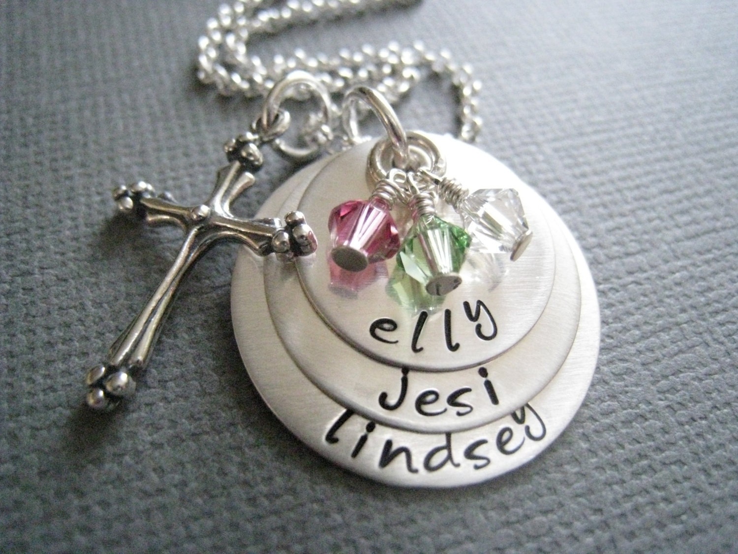 Hand Stamped Mommy Jewelry - Personalized Sterling Silver Custom Necklace - Communion Baptism Necklace with Ornate Cross and Birthstones