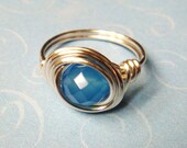Blue Chalcedony Ring - Blue Chalcedony Faceted Gemstone and Sterling Silver Wire Wrapped Ring