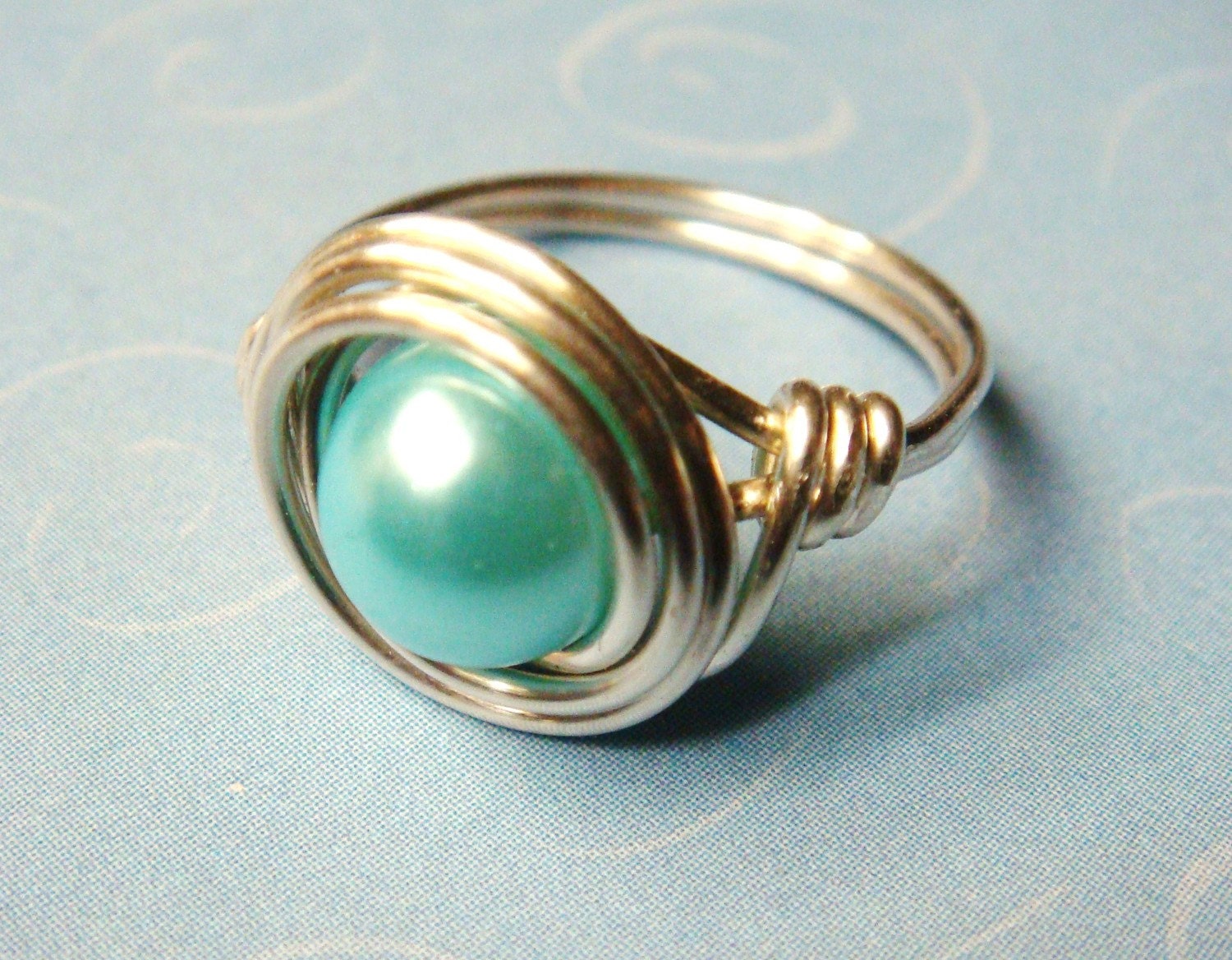 Pearl Ring - Aqua Pearl Ring - Aqua Glass Pearl Ring - Sterling Silver Ring - Wire Wrapped Ring