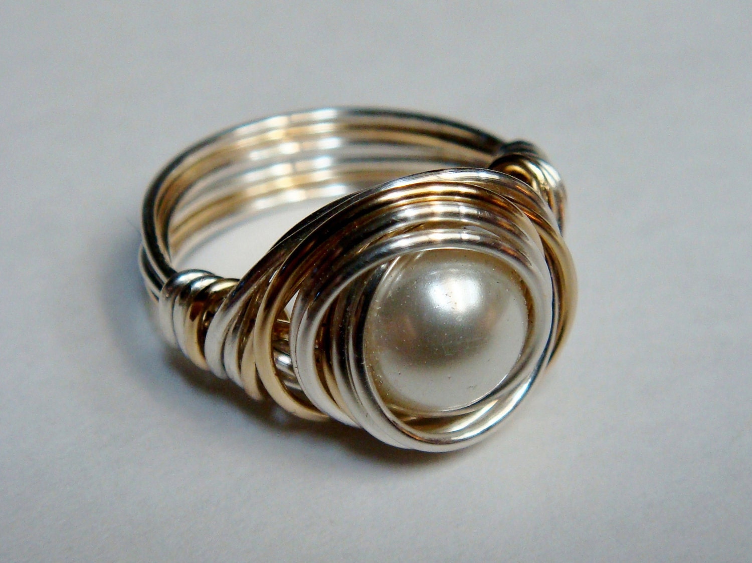 White Pearl Ring - Glass Pearl Ring Sterling Silver and 14K Gold Filled Ring - Wire Wrapped Ring
