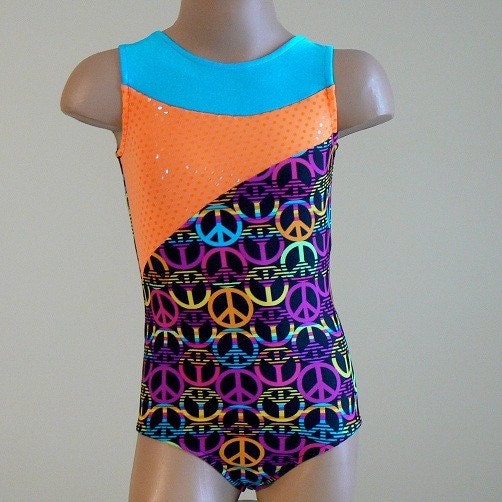 Gymnastics Dance Leotard Peace Sign with Turquoise and Bright Orange Insets Size 2T 3T 4T
