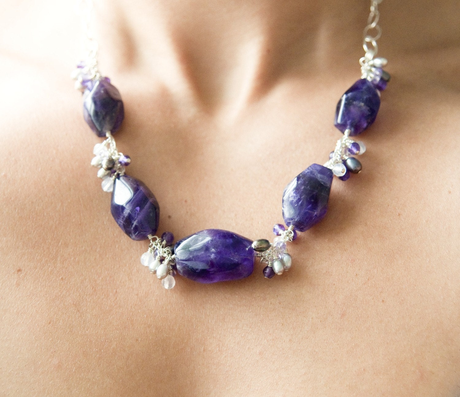 Amethyst, Agate, and Freshwater Pearl Nugget Cluster Necklace in Sterling Silver