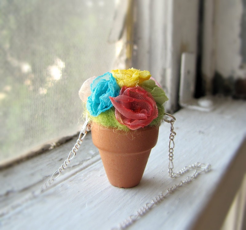 Bouquet in a Pot Necklace- Spring Flower Necklace- Clay Pot Necklace- Fabric Flower Necklace