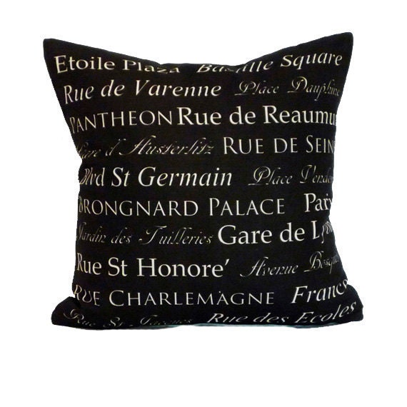 destination throw pillow cover black cream paris french typography linen decor 18x18