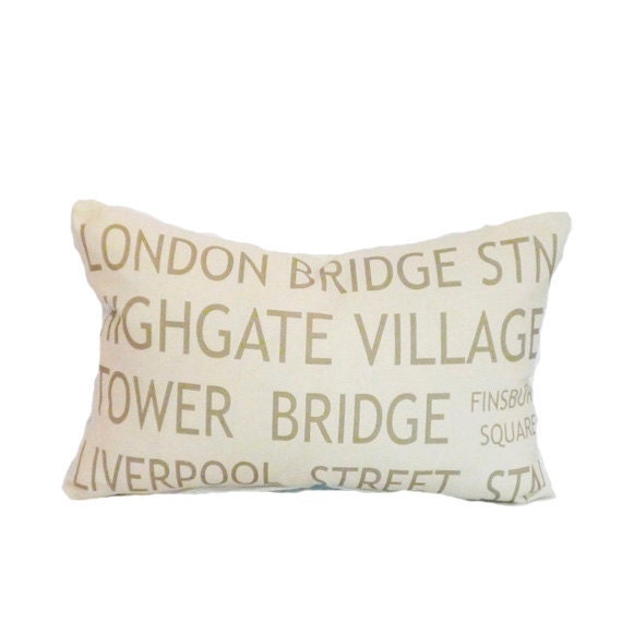 pillow cover khaki cream england london bus roll linen 12x18 decor  typography destination throw