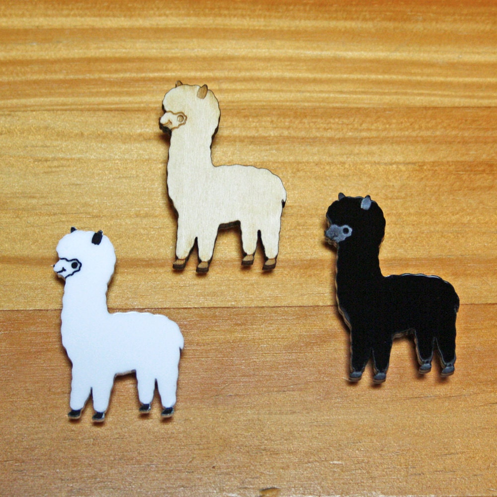 Laser Cut Brooch Cute Alpaca white, black or wood