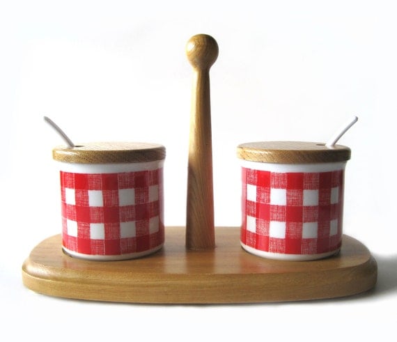 Vintage Condiment Set - Red Gingham and Wood