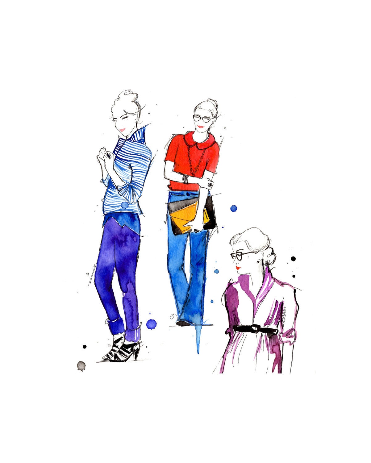 Doodles from my Sketchbook series, Jessica Durrant, original watercolor fashion illustrations - Set of Prepsters