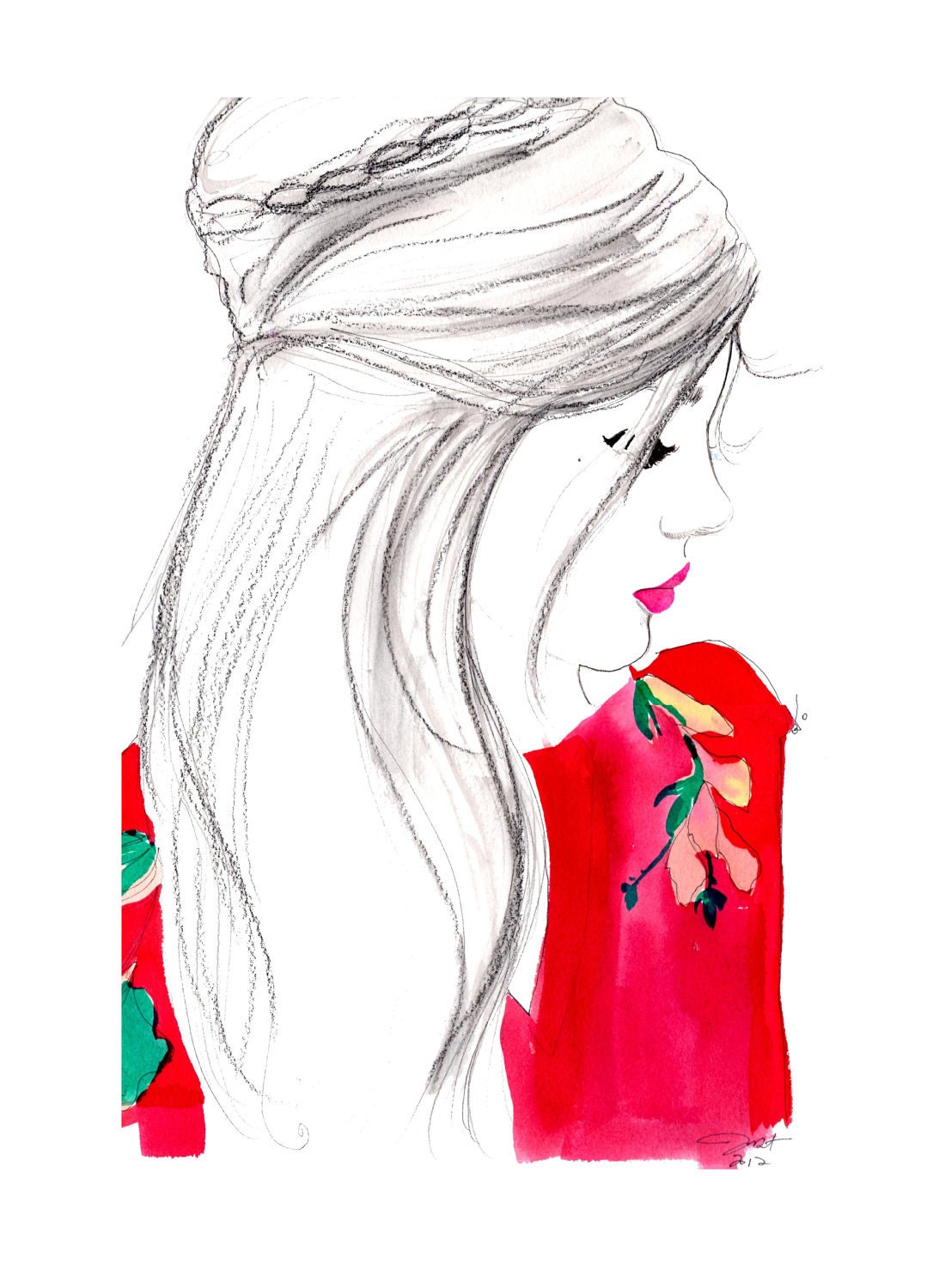 Print from original watercolor, pen, and charcoal fashion illustration by Jessica Durrant - titled Half Back