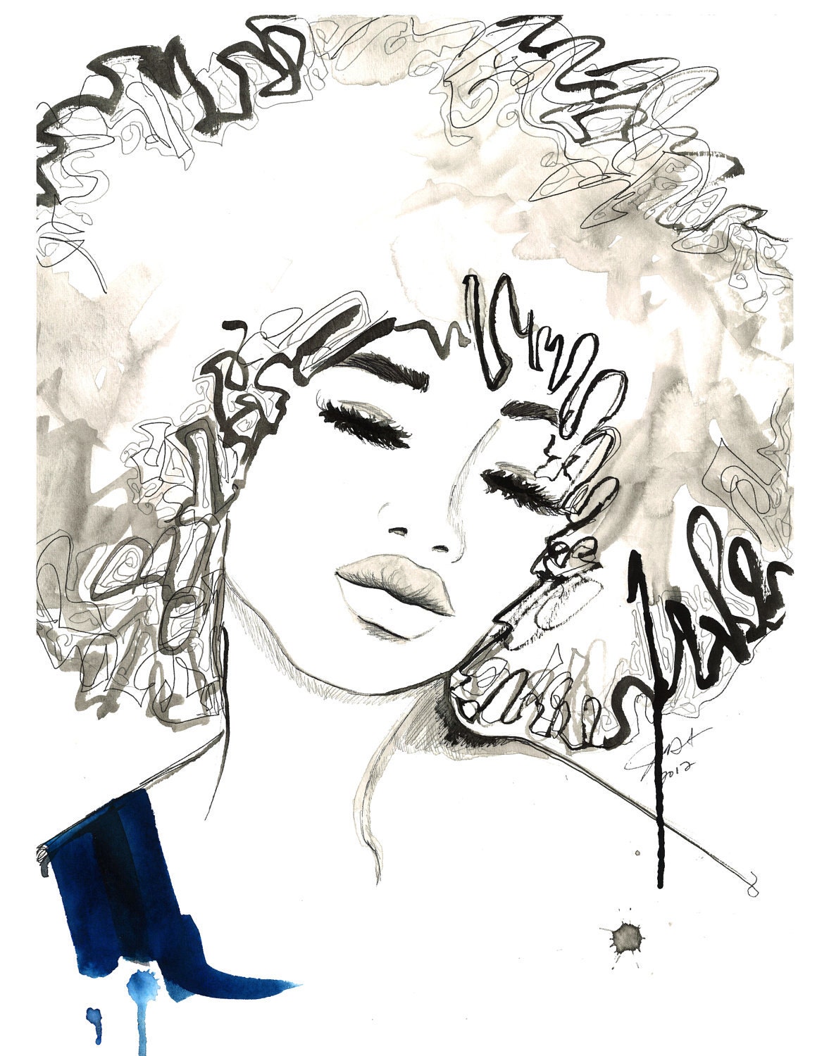 Print from Watercolor and Pen African American Fashion Illustration, Jessica Durrant, - The Afro