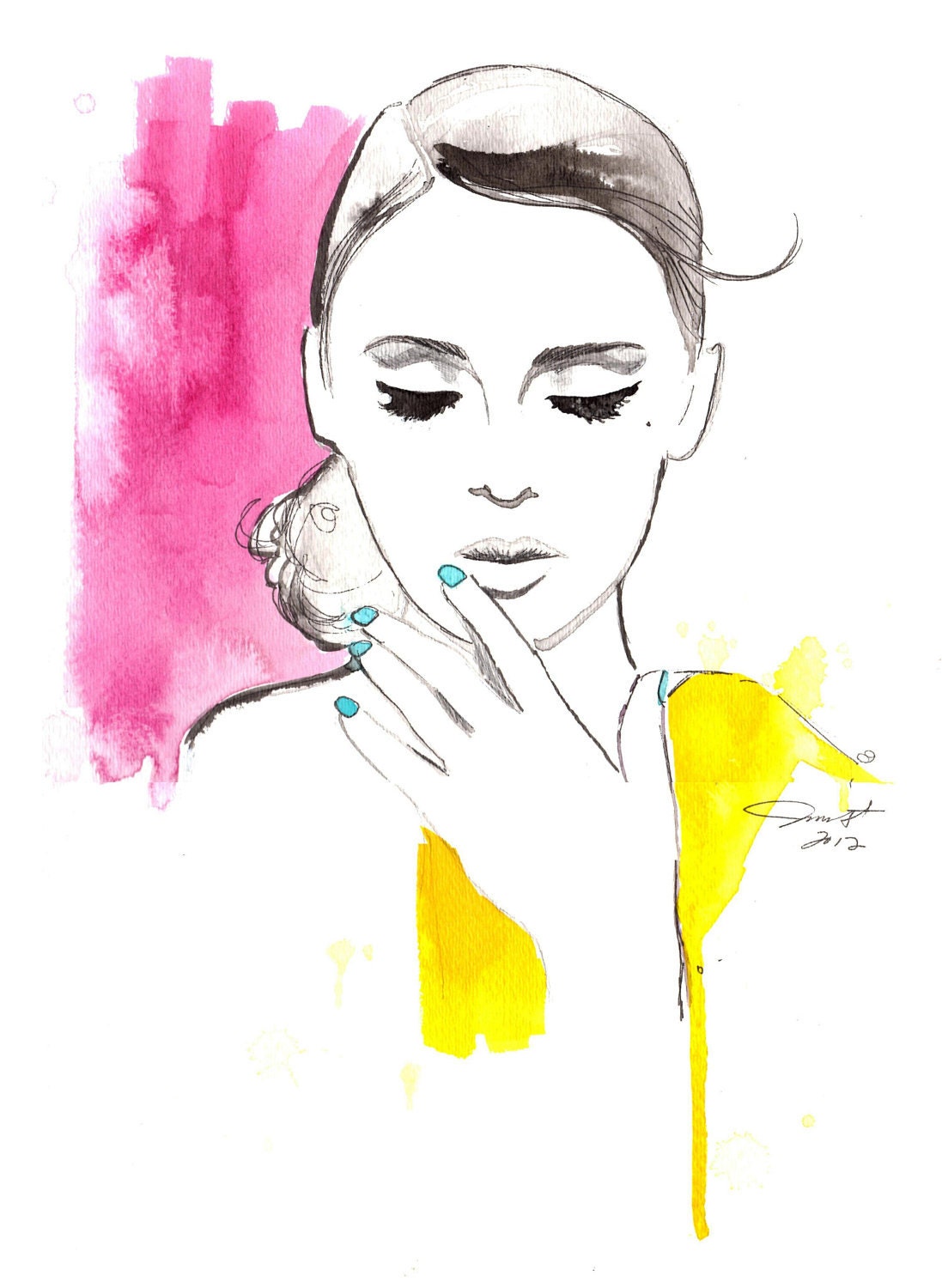Print from original watercolor and pen fashion illustration, by Jessica Durrant - Minty Fresh Nails