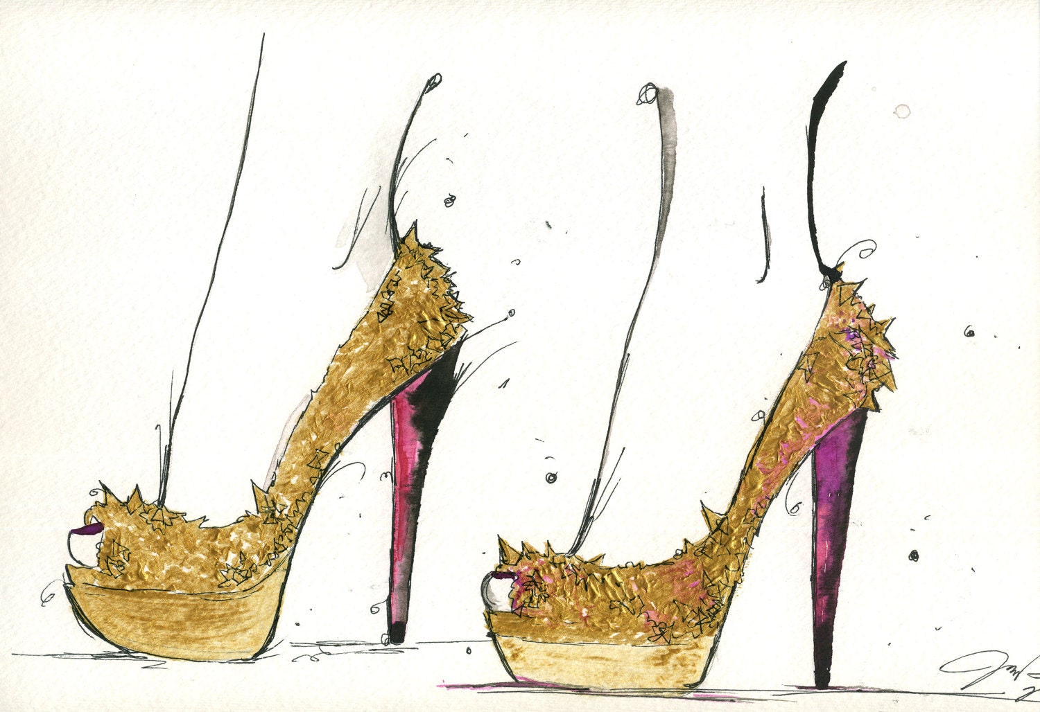 Watercolor and Pen Fashion Illustration - The Golden Heels print