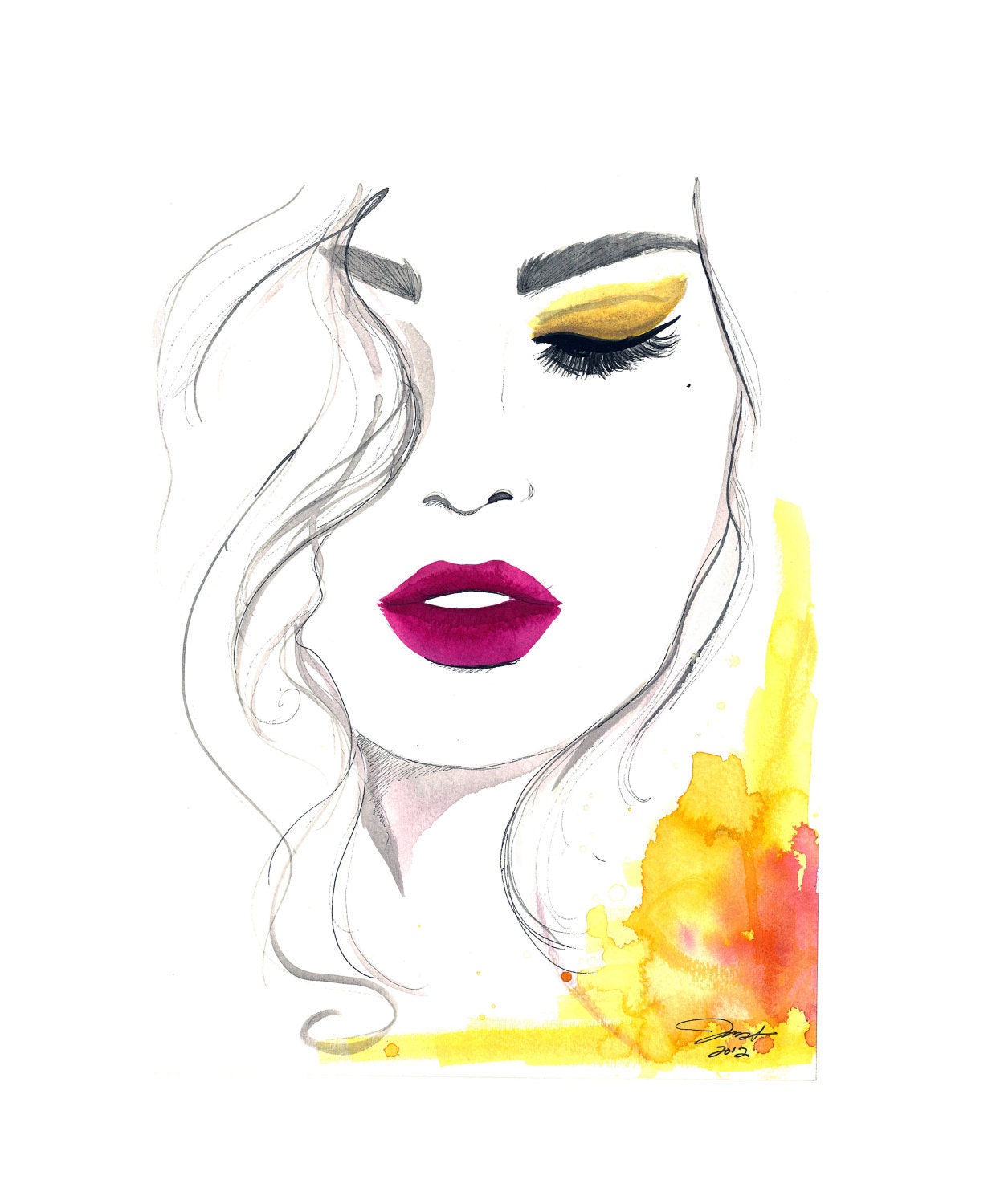 Original Watercolor and Pen Illustration - The Fuchsia Lip