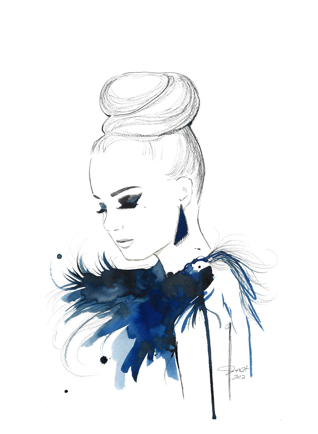 Original Watercolor, China Marker and Pen Fashion Illustration, Jessica Durrant - Bird of Paradise