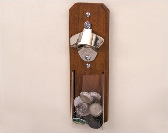 Mahogany and Stainless Steel Cap Catcher Bottle Opener - Magnetic or Wall-Mount