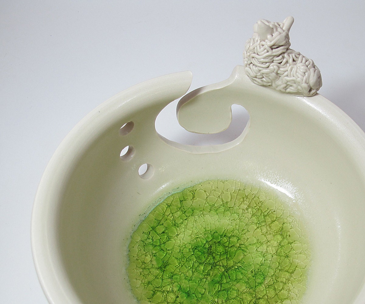 Yarn Bowl - A Sheep to Shear to Spin to Knit - with a green glass meadow