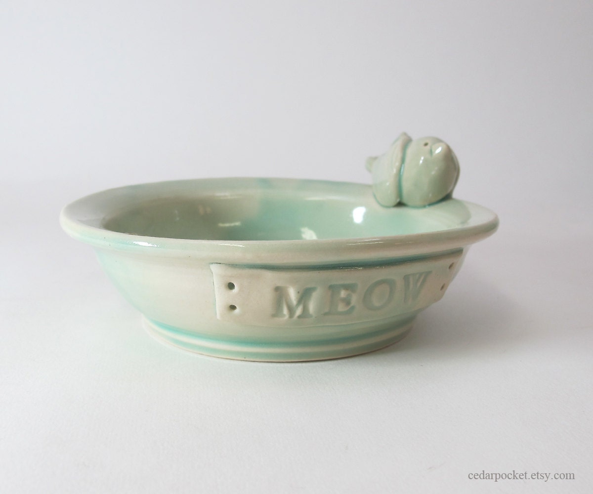 Ceramic Cat Food Bowl Bird Celadon Meow Ceramics and Pottery