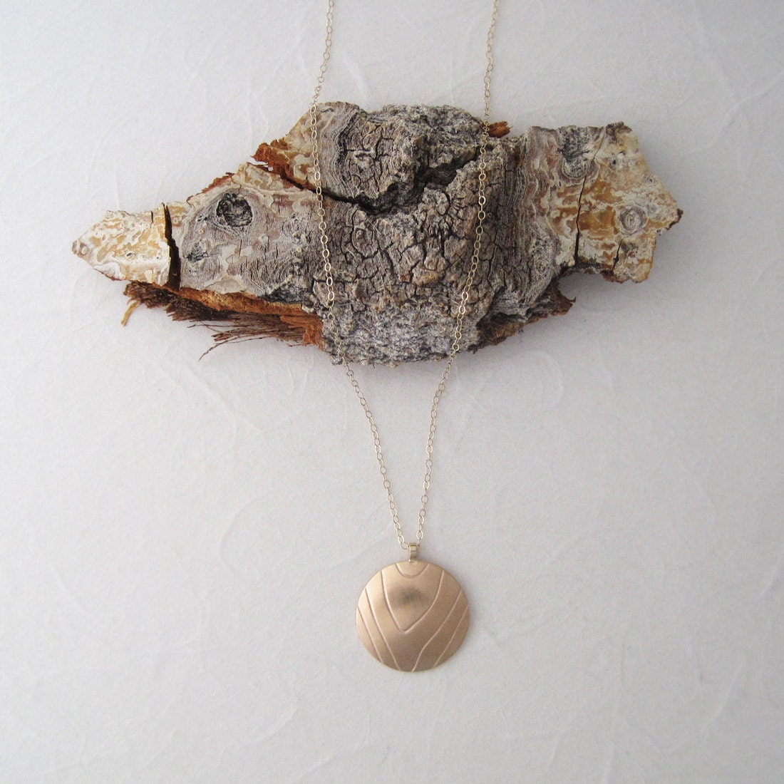 14k Gold Fill Faux Bois Pendant Wood Grain Contemporary Gold Rustic Nature Organic Lines Modern Necklace with Chain (N142)