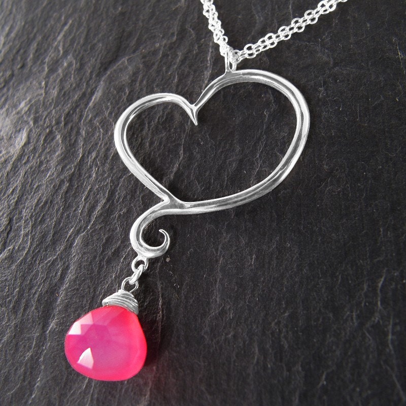 Heart Necklace, Sterling Silver, Handcrafted, Pink Gemstone, Swirl, Unique, Elegant, Love. APHRODITE NECKLACE with Pink Chalcedony.