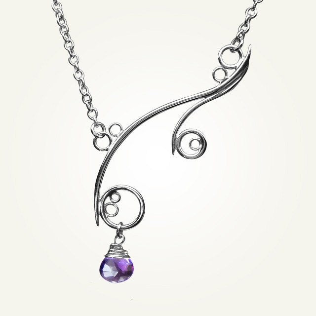 Spiral Necklace, Sterling Silver, Handcrafted, Purple Gemstone, Bubble, Wave, Swirl, Loop. GREEK ISLE NECKLACE with Amethyst.