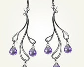 Teardrop Earrings, Sterling Silver, Handcrafted, Amethyst Purple Gemstone, Wedding, Branch, Elegant. HAMA RIKYU EARRINGS with Amethyst.