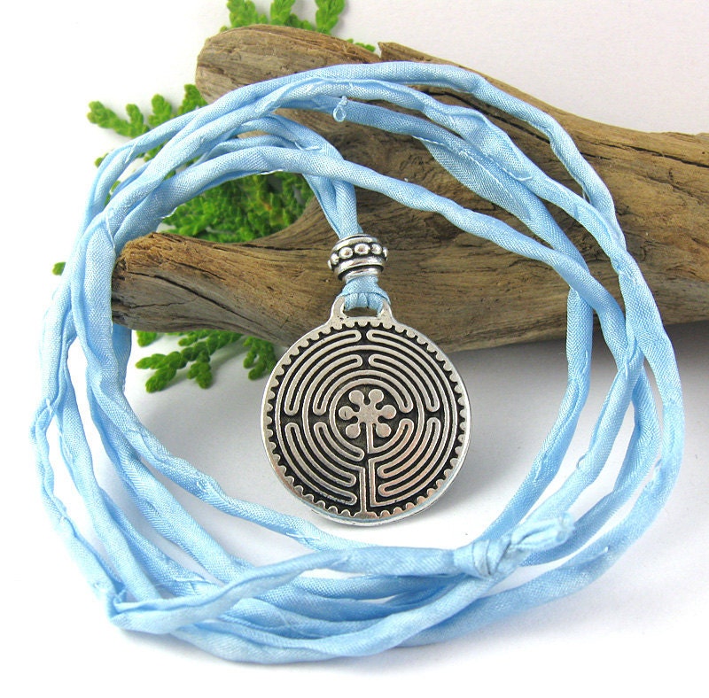 Labyrinth Birth Necklace - Mother's Necklace for Labor and Birth - Powder Blue Silk