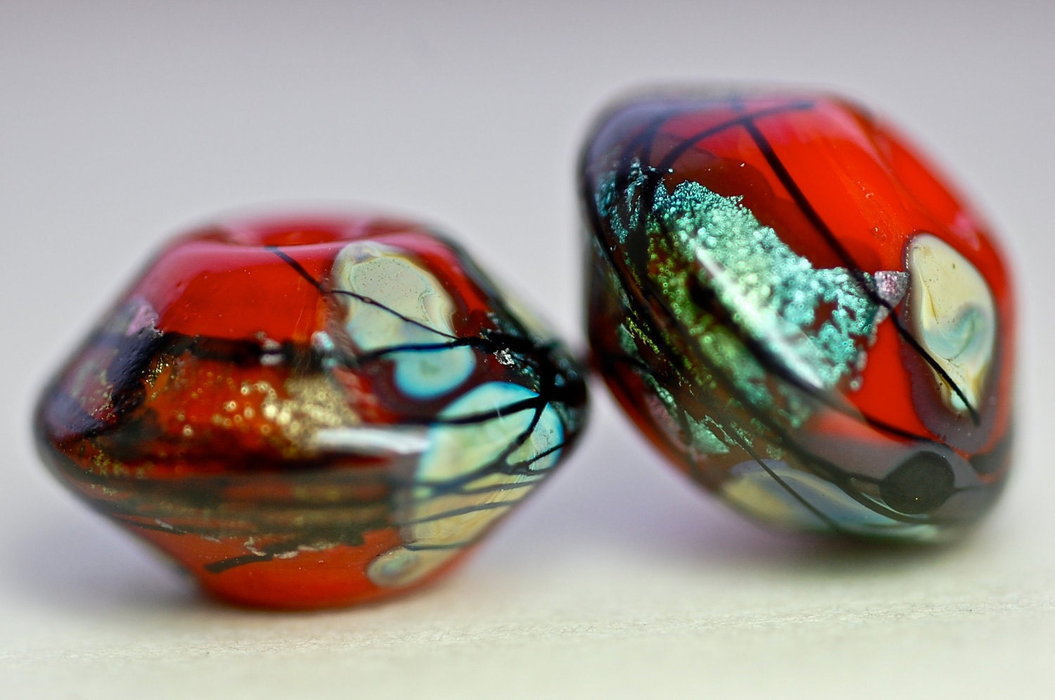 Sale 20% off handmade lampwork glass bead pairs for earrings dichroic sparkle bicone beads zen red by paulbead