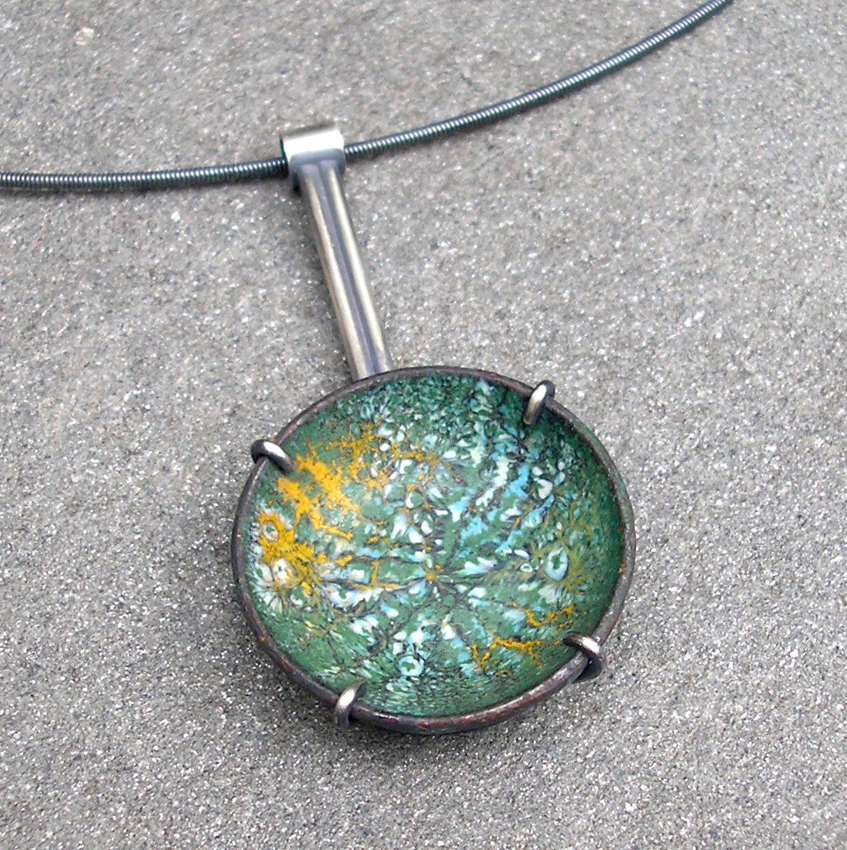 Enamel and Sterling Silver Pendant - Sgraffito Forest Green, Robin's Egg Blue, Orange, and White