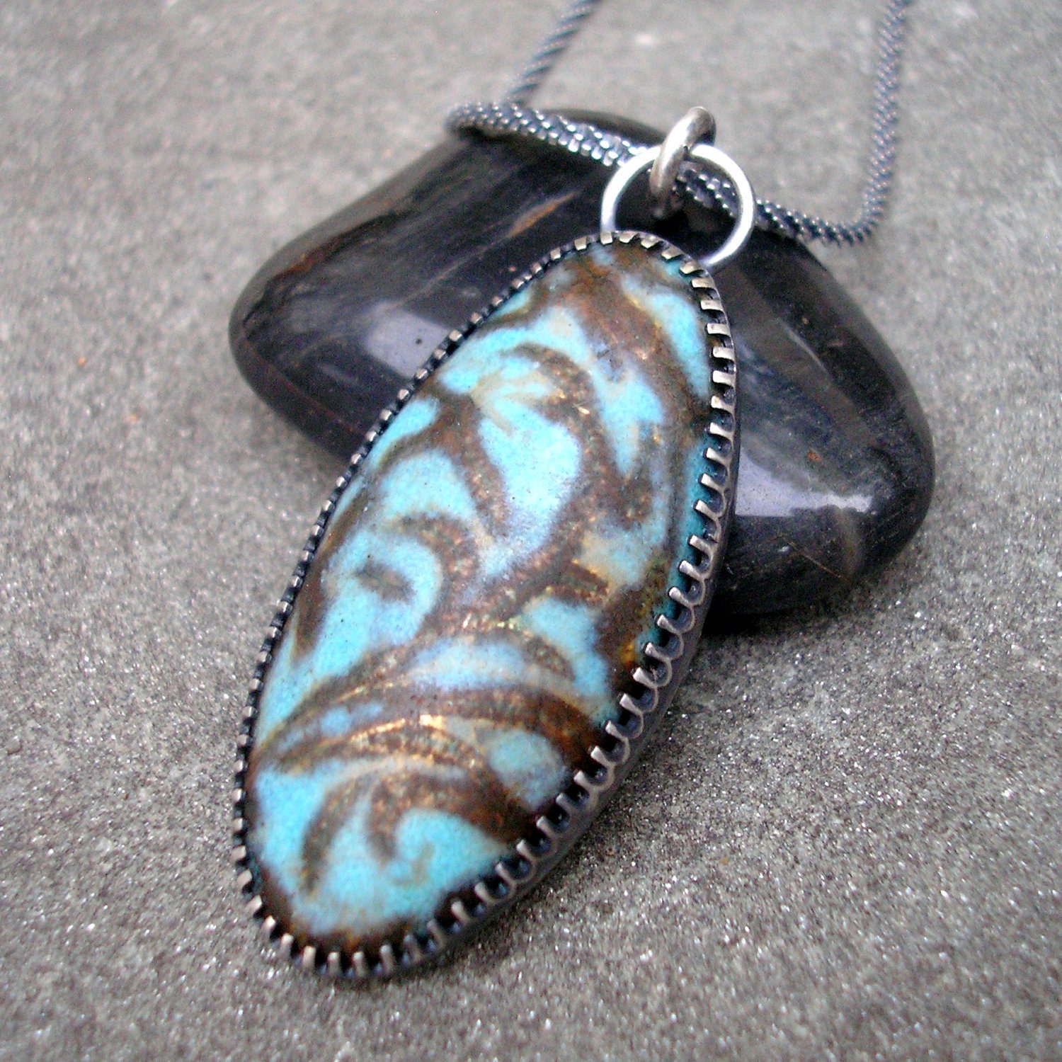 Blue Enamel Pendant.  Turquoise and Burnt Umber Enamel and Sterling Silver.  Edwardian Design