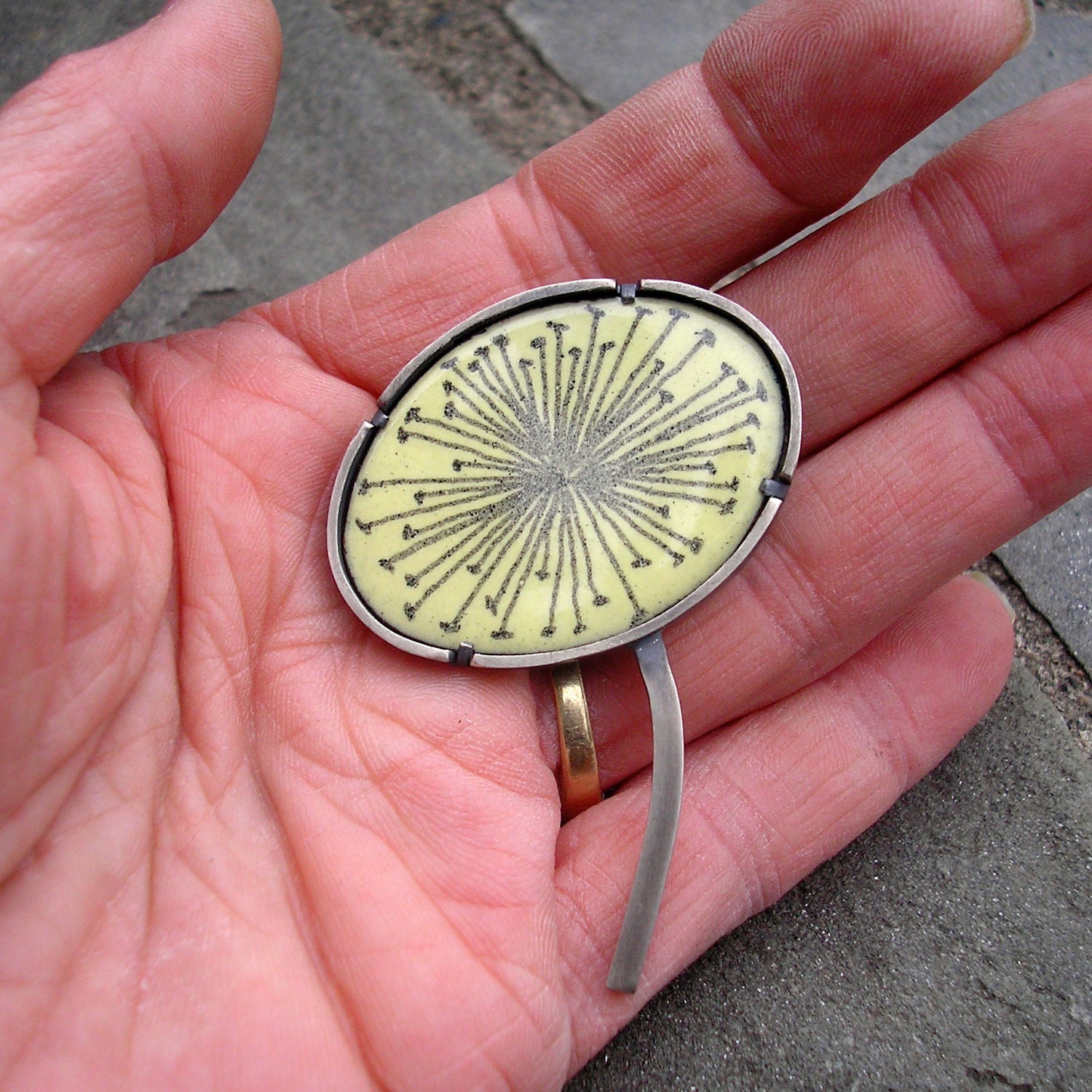 Dandelion Seed Brooch.  Pale Yellow and Grey Enamel with Sterling Silver