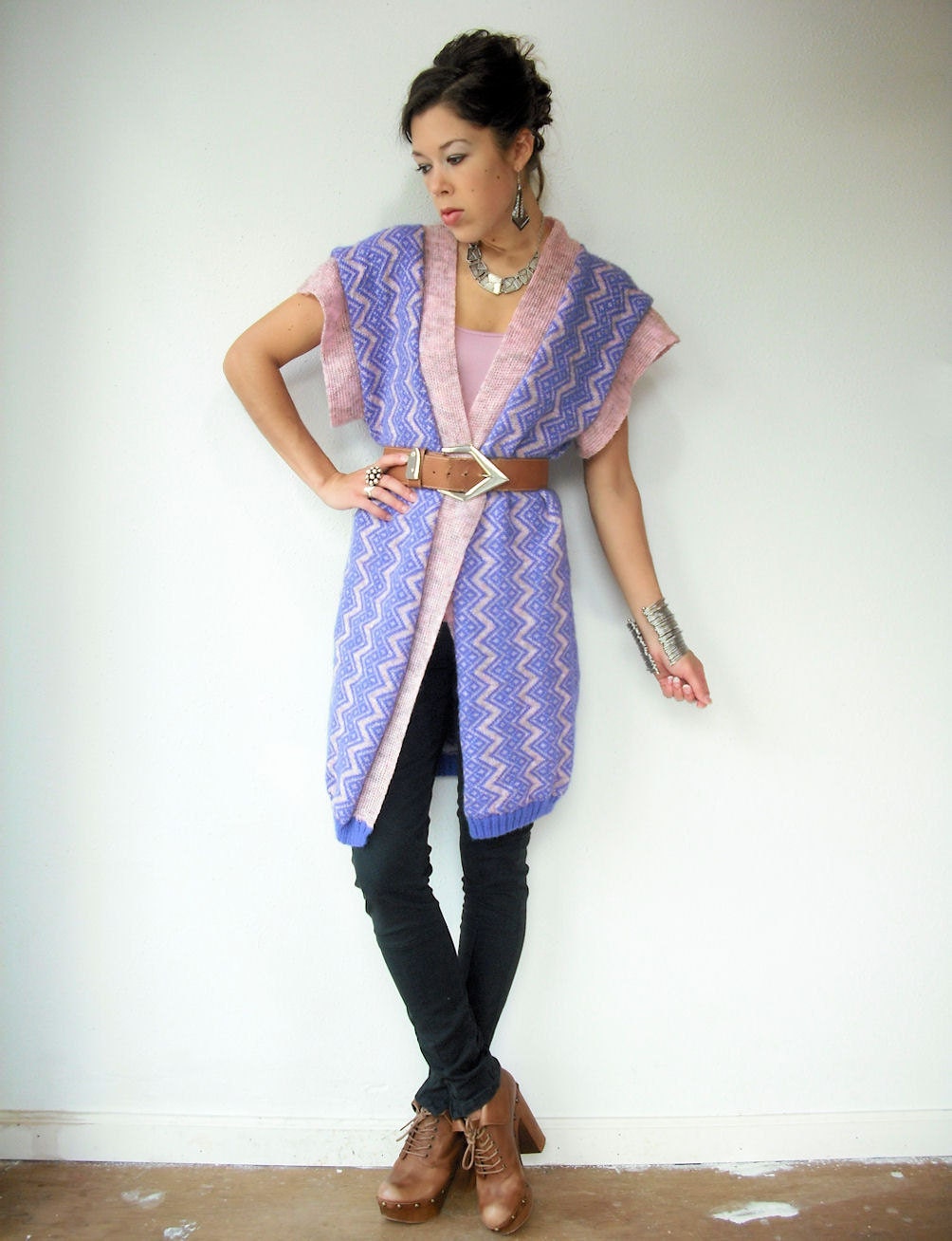 Vintage 70's Lavender and Blush Pink Draped Knit Zig Zag Cardigan Gilet Sweater Jacket