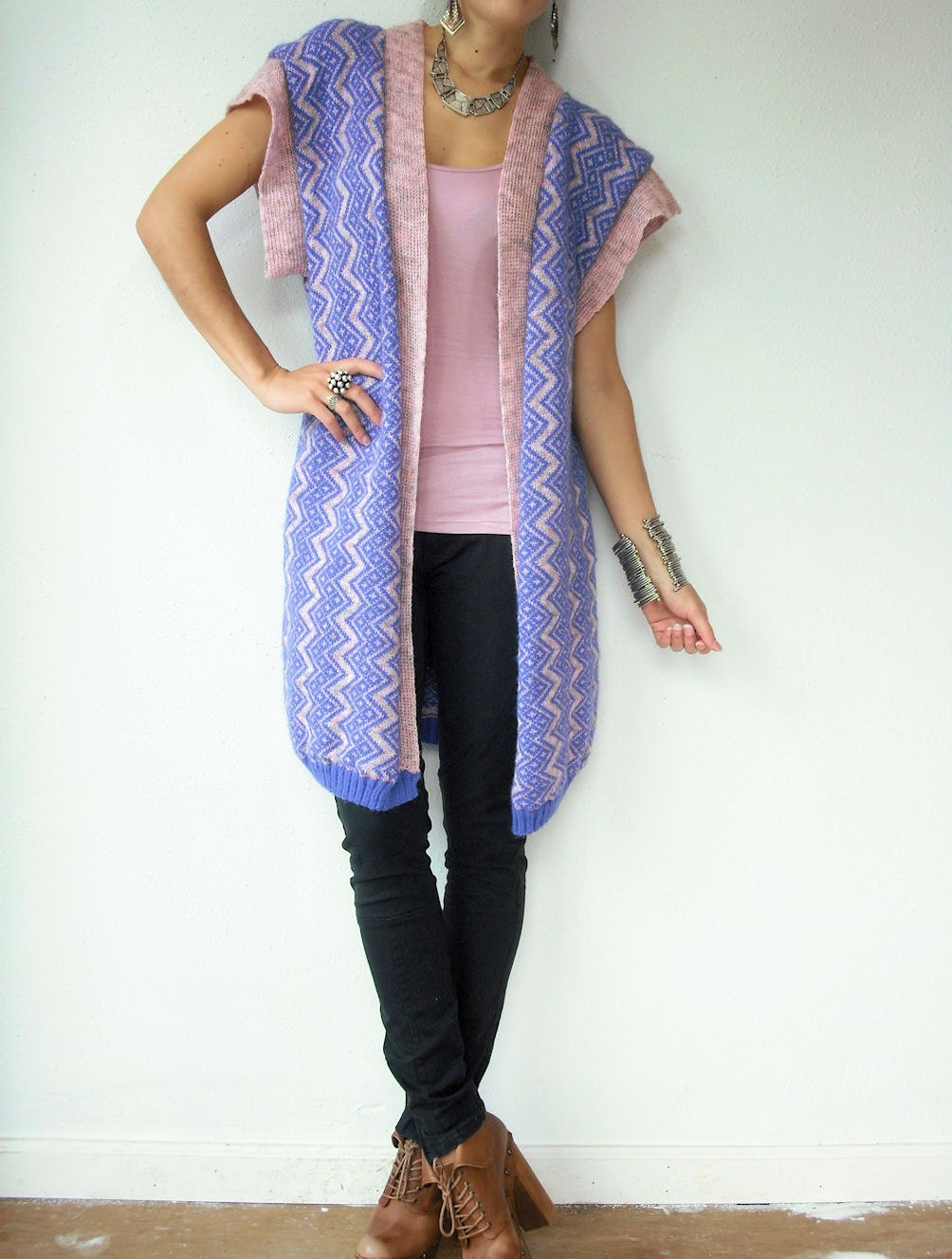 Vintage 70's Lavender and Blush Pink Draped Knit Zig Zag Cardigan Gilet Sweater Jacket