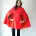 60's Vintage Wool Bright Orange Red Military Poncho Cape Coat with Waist Belt and Pockets