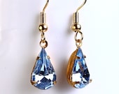 Vintage light sapphire blue faceted glass teardrop dangle earrings (397) - Flat rate shipping