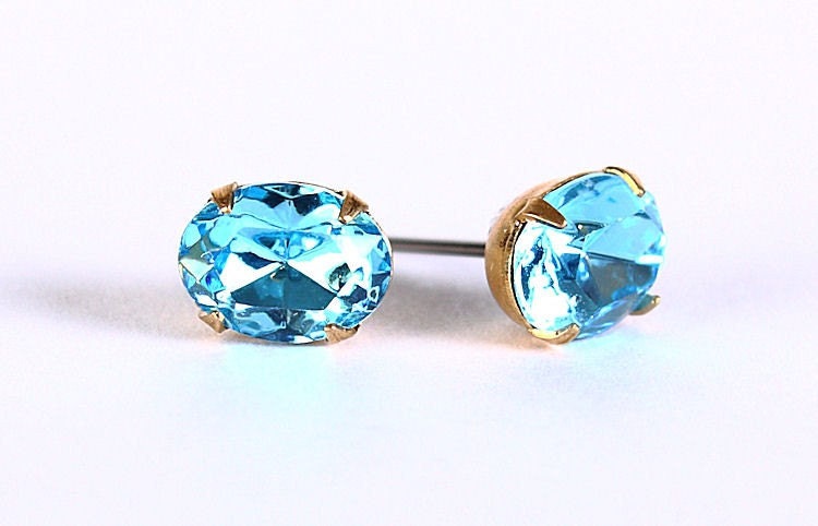 Estate style aquamarine austrian crystal stud earrings READY to ship (312) - Flat rate shipping