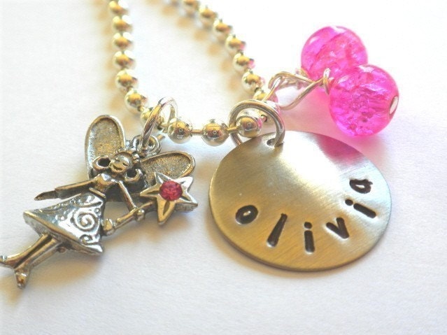 Fairy Necklace Hand Stamped Personalized FAIRY WITH A WAND Charm Necklace for Children