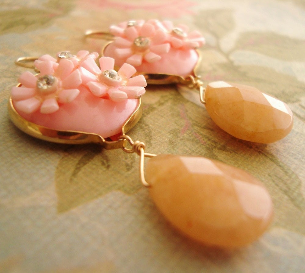 Vintage Pink Daisy Motif with Yellow Jade, 14k Gold Filled Findings - Upcycled Glamour ((Shirley Earrings))