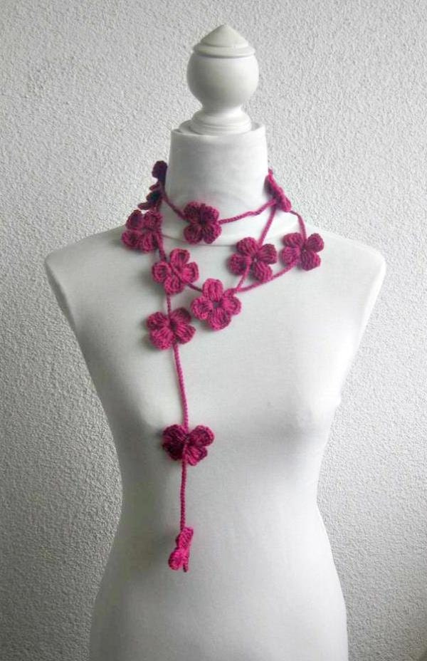 Crochet Lariat,  Scarf, Flower Laria,t Scarf Long Necklace Holiday Accessories, Magenta, Pink,   Harvest, Spring, Summer,