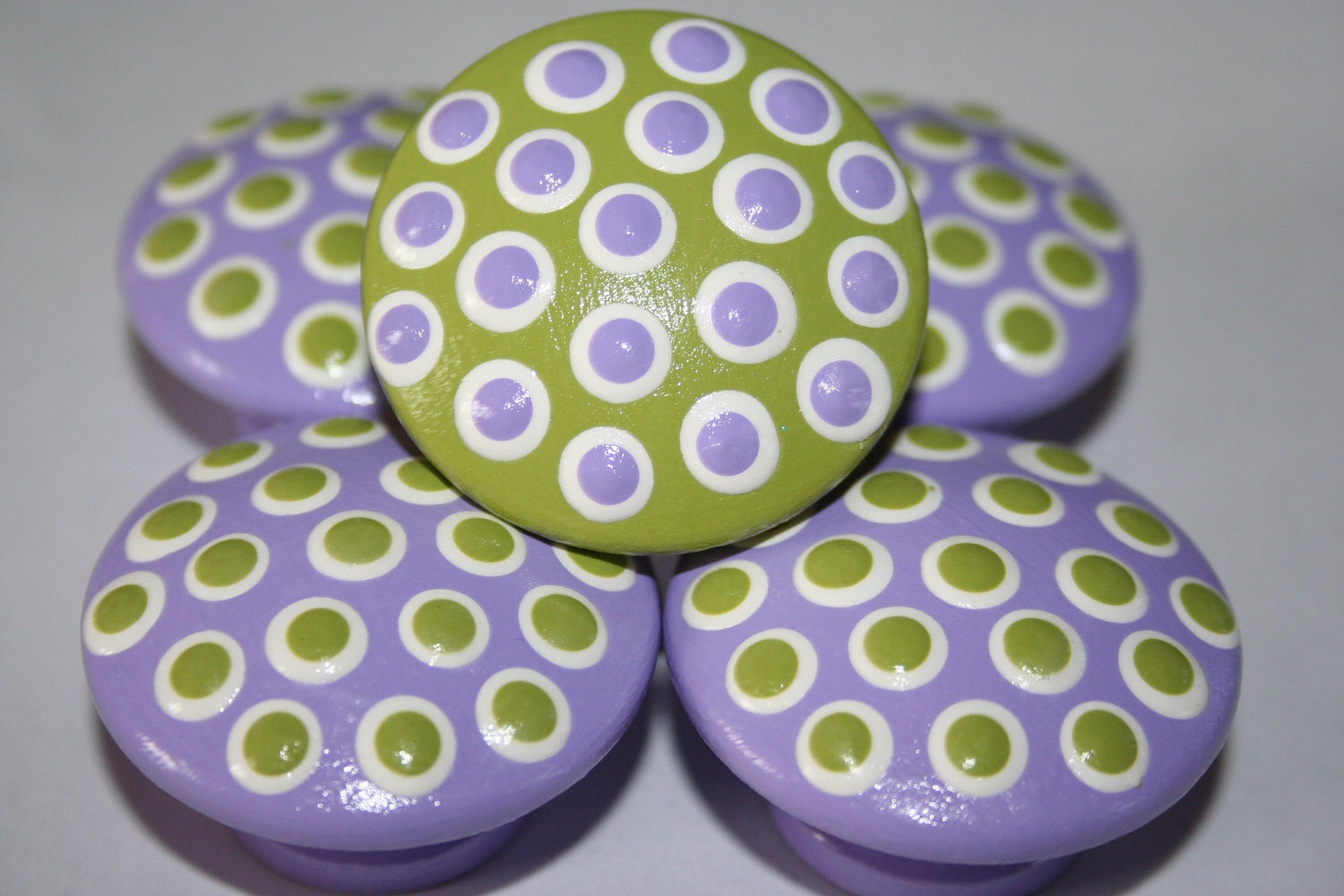 Purple Lime Green and White Polka Dots Knobs-Set of 6 knobs